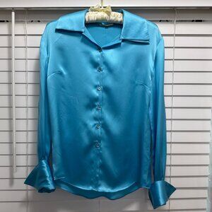Valentino Vintage silk aqua triple collar cuffed long sleeve blouse, size 6